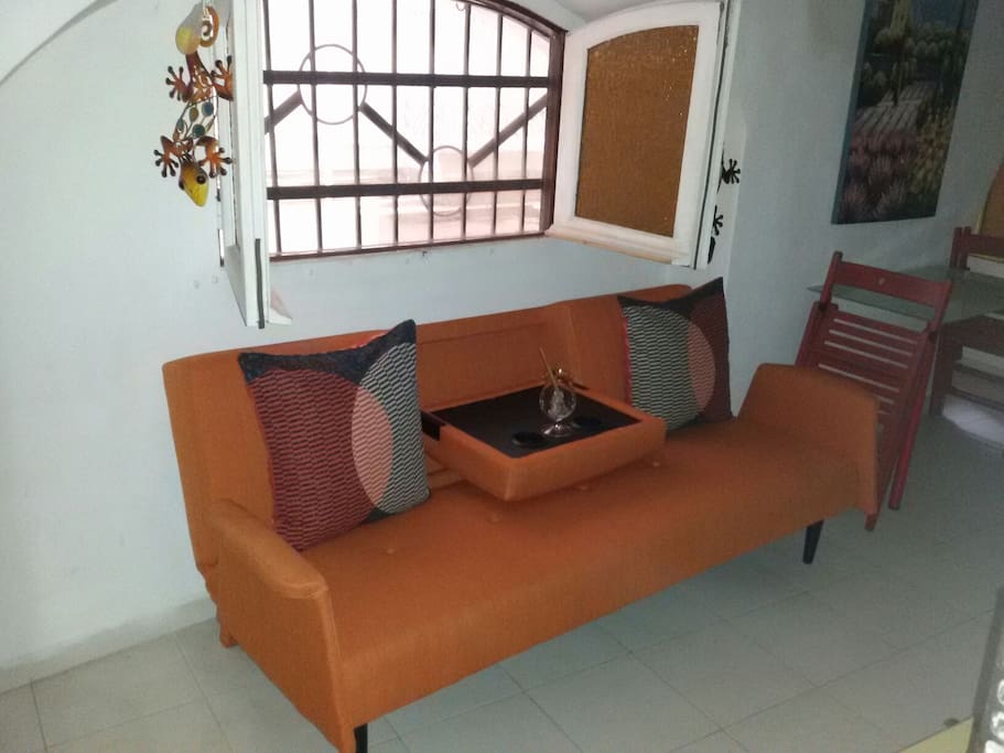 Sofa-cama de uso exclusivo del huesped, ventanal doble a calle peatonal sin trafico, perchero, mesita estudio-comedor de uso exclusivo del huesped.
