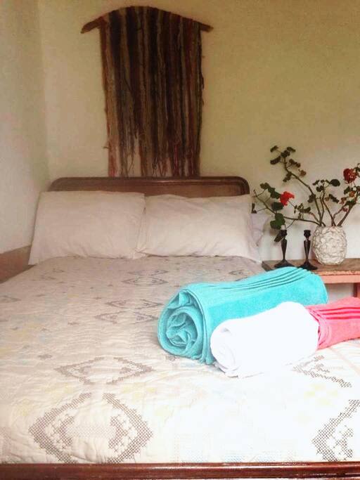 Fresh towels and live plants make the room cozy.