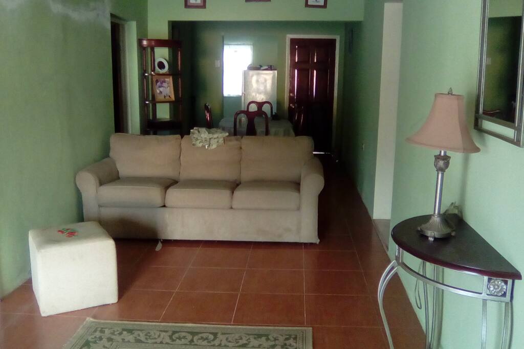 Large living room with sofa bed (shown) television and arm chair