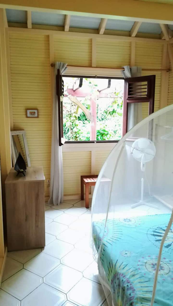 Yellow bedroom with double bed, mosquito net, fan, wardrobe, and garden view.