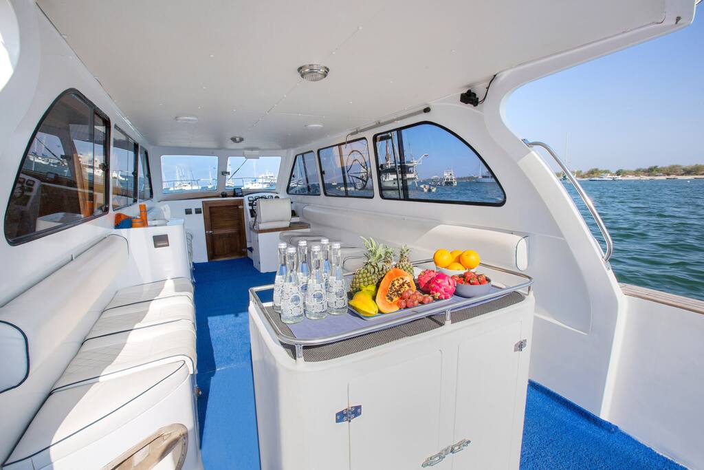 Confortable day aboard with fruits, snacks, sodas... included
