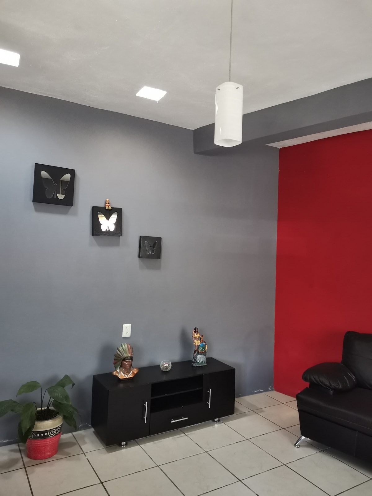 A light-filled living area features a sleek black console table against a grey wall, accented by framed butterfly artworks. A striking red wall adds a pop of color, while a potted plant sits in the corner, complementing the modern furnishings.