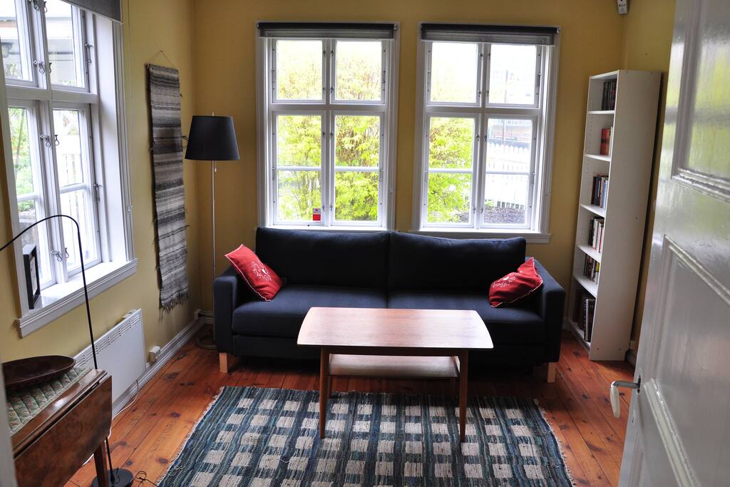 Soverom 2/stue med sovesofa og peisovn.