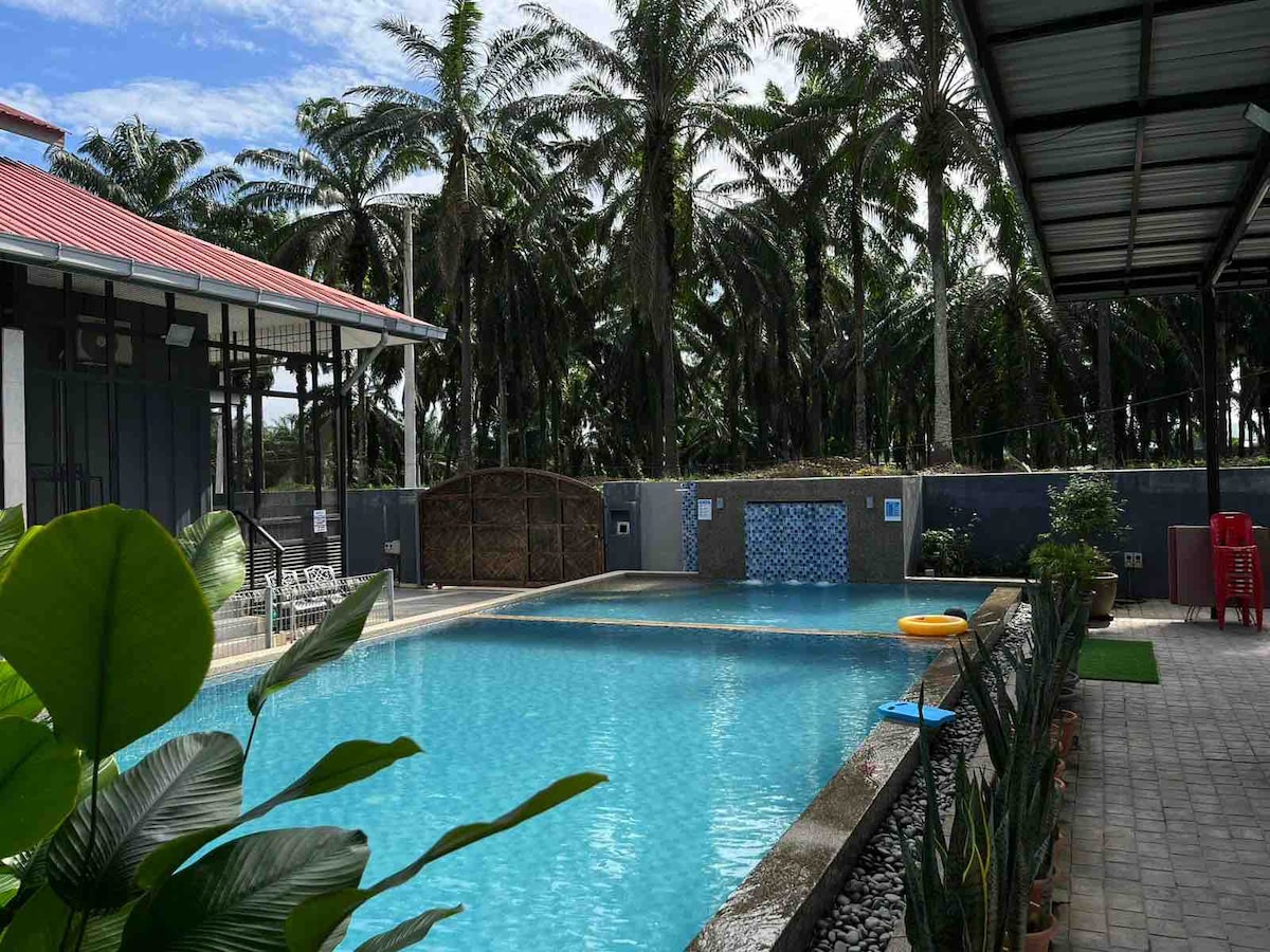 A clear swimming pool is situated beside a residential building, surrounded by palm trees and lush greenery. Sunlight reflects off the water's surface, creating a serene atmosphere. Potted plants line the poolside, enhancing the tranquil environment.