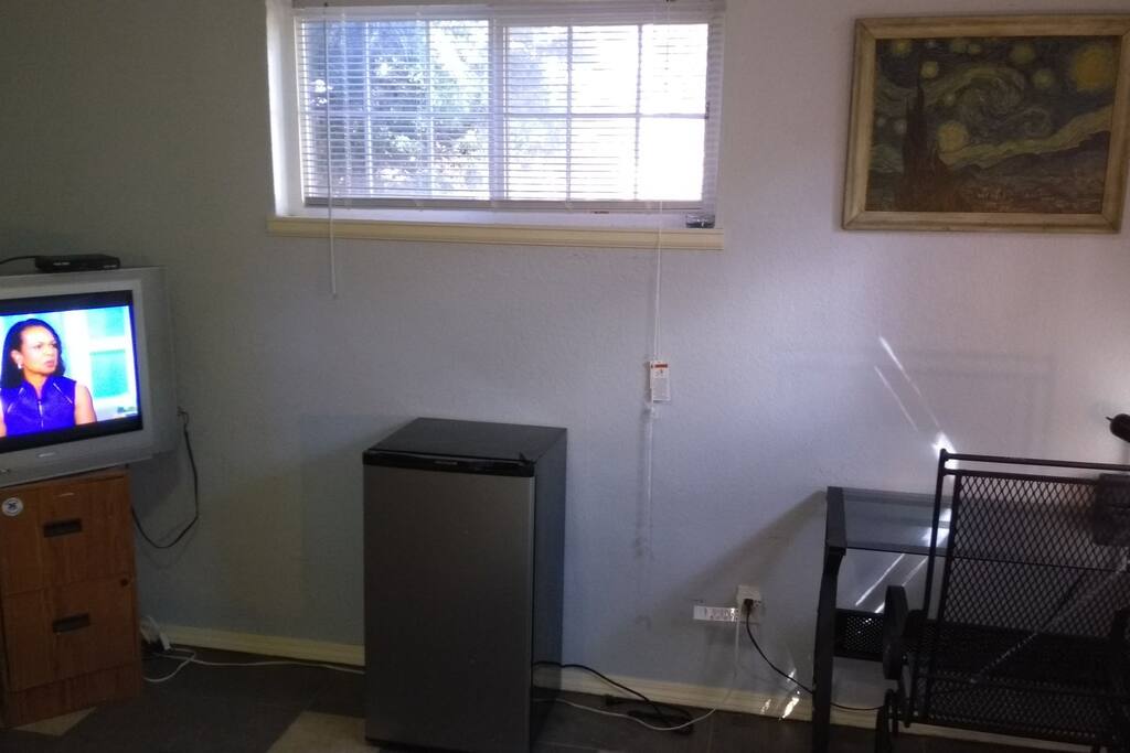Fridge and desk.
