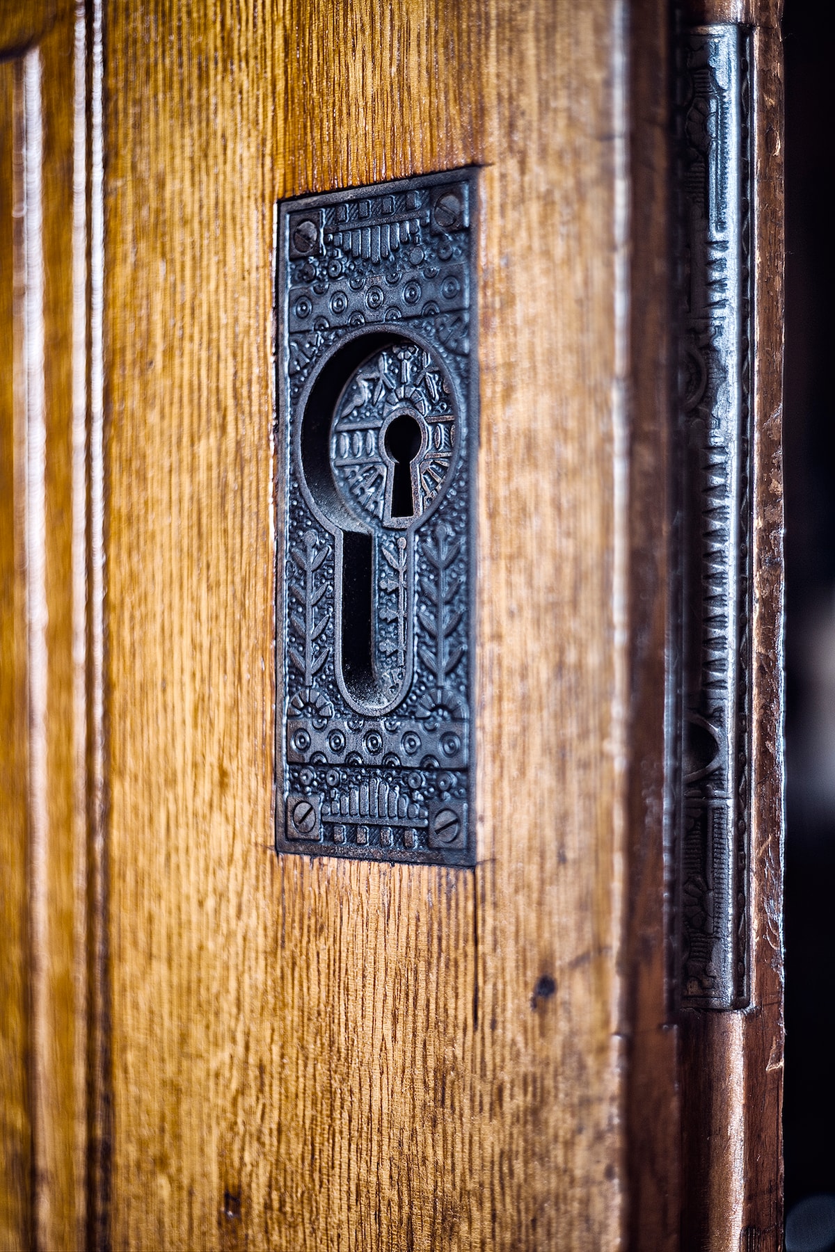 An ornate keyhole is featured on a solid wooden door, showcasing intricate metalwork. The detailed design around the keyhole adds character to the door, with rich wood tones enhancing the historic charm of the space.