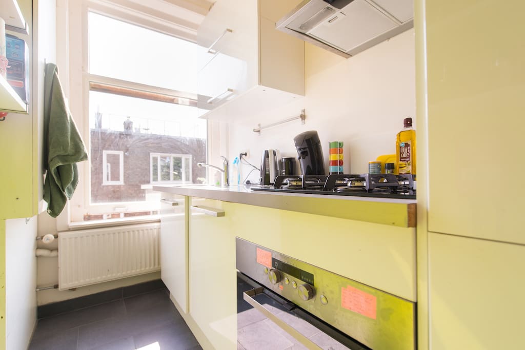 The kitchen wih all necessary utilities (oven/microwave, dishwasher, fridge/freezer, stove)