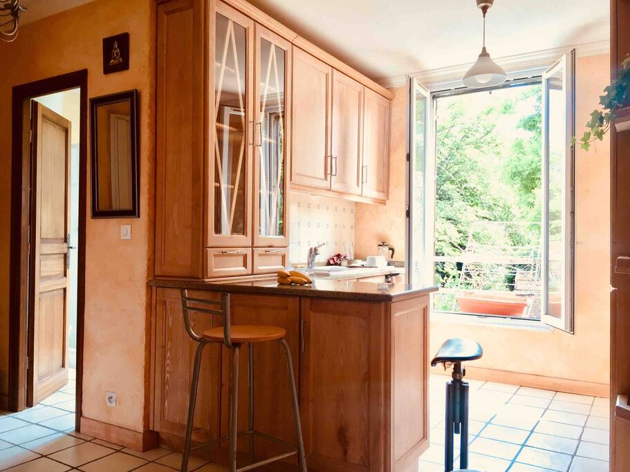 Cuisine donnant sur le jardin avec plan de travail