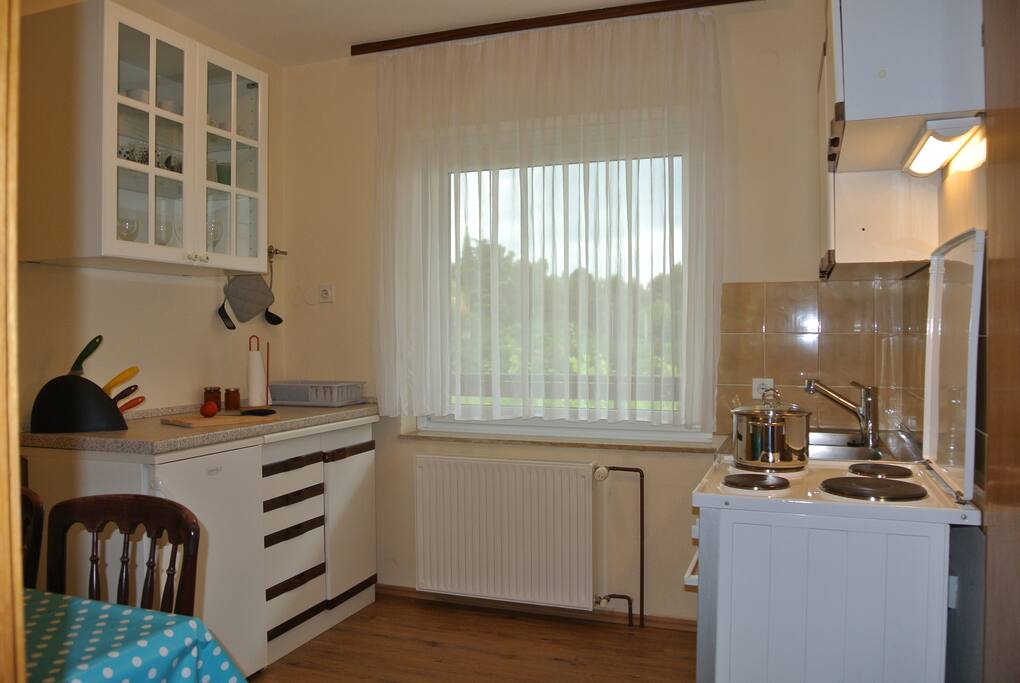 Small but fully functional kitchen.