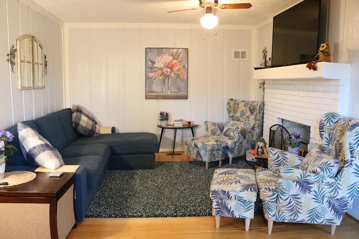 Gorgeous and cozy family room with electric fireplace, 55" HDTV and Blu-Ray. Netflix and Prime Video (Amazon).