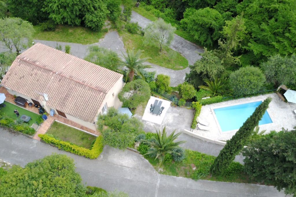 Aerial view of Villa Les Rossignols and pool. This apartment is upper level to the right.