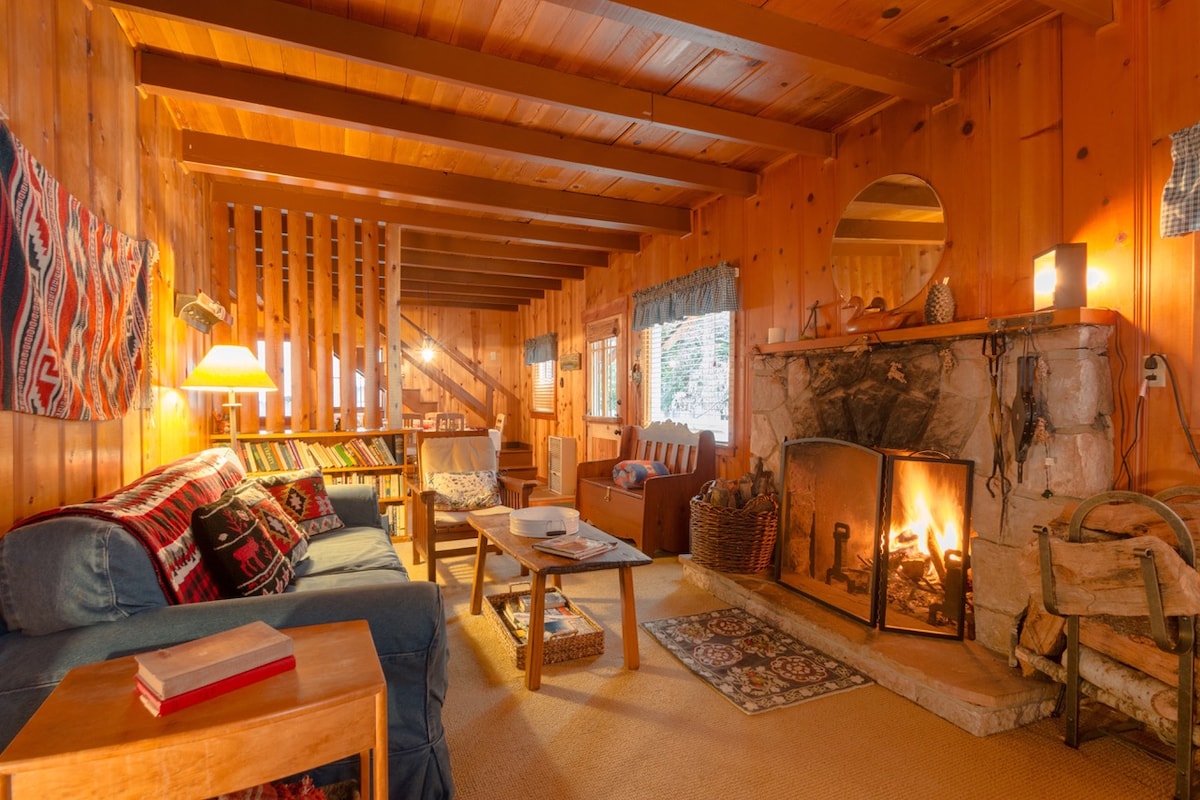 A cozy living room is featured with knotty pine walls and exposed wooden beams. A stone fireplace, crackling with a fire, is located along one side. Comfortable seating arrangements include a blue sofa and wooden chairs, while charming decor items add character to the space.