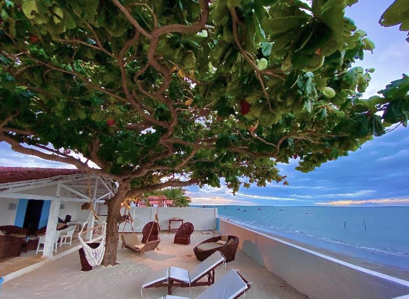 A large tree provides shade over comfortable loungers positioned on white sand. The ocean is visible in the background, with gentle waves lapping at the shore. A covered area with seating can be seen to the left, suggesting a relaxed outdoor atmosphere.