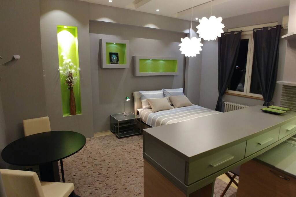 New bed and hanging lamps