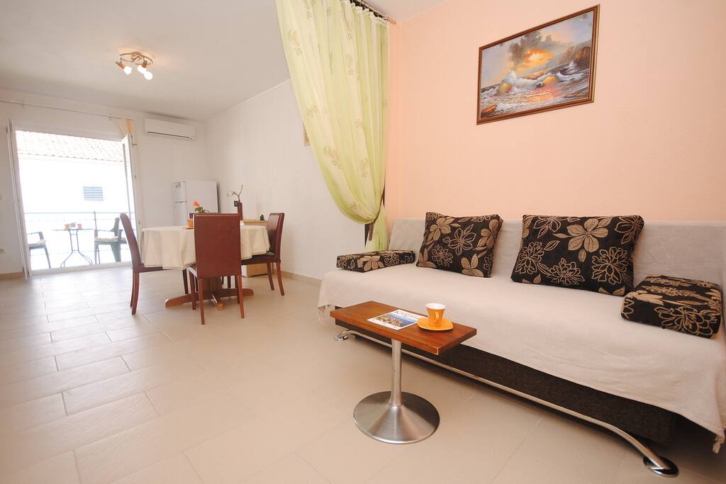 Living area with a convertible sofa bed