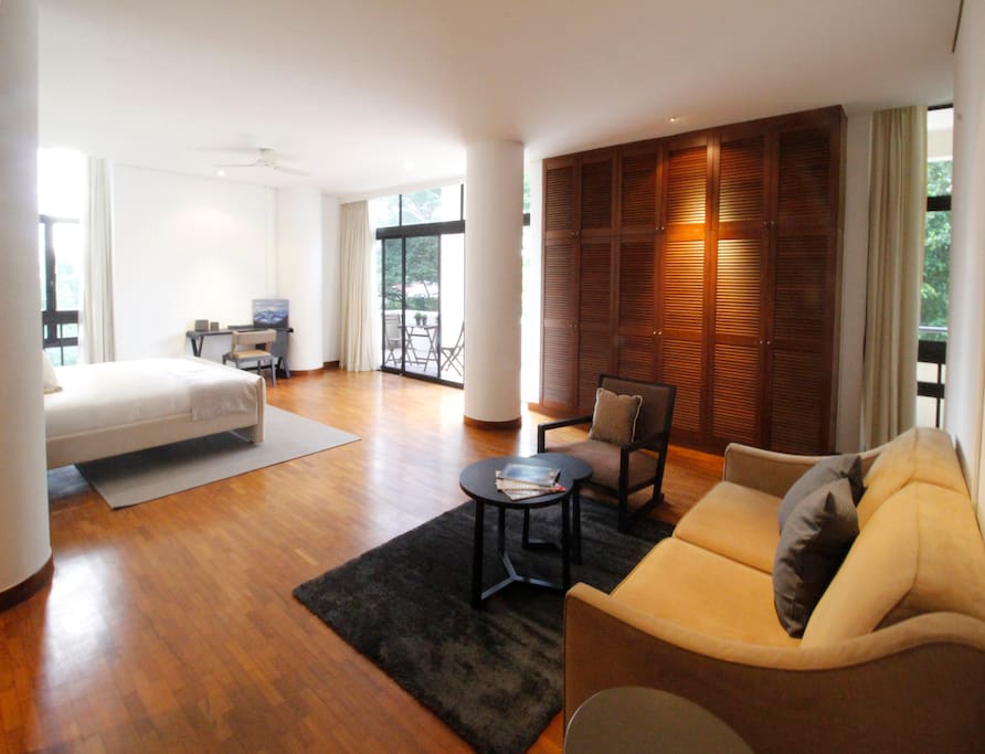 Spacious Private Living Area with Dedicated Work Space and Lounge Area