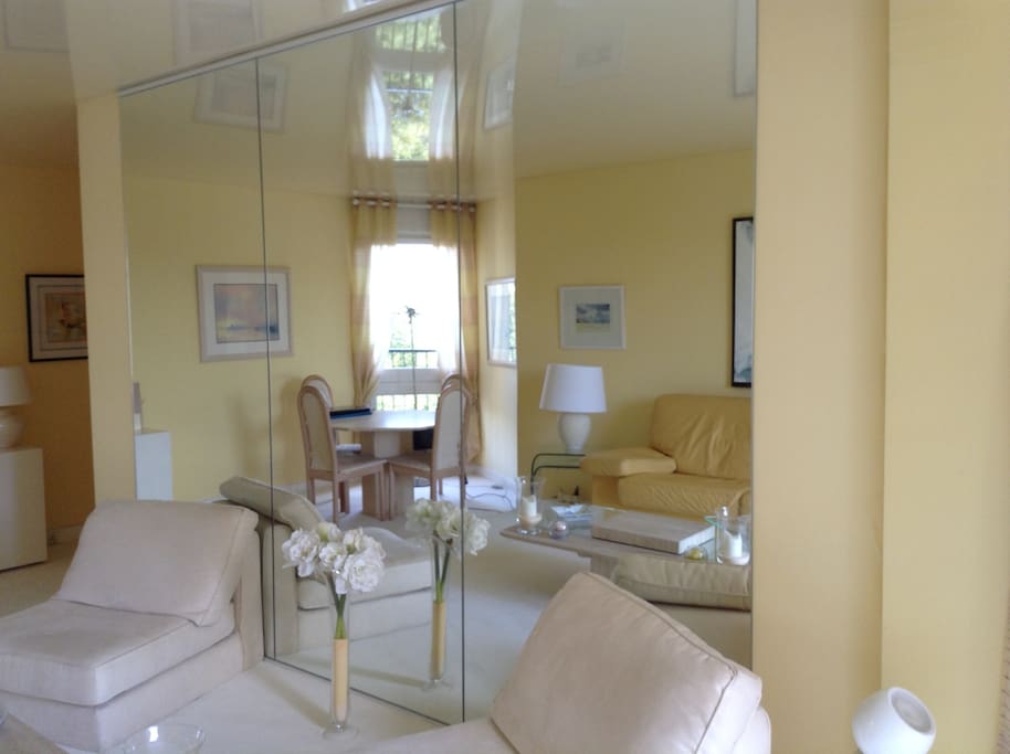 Salon avec vue sur la piscine et parc