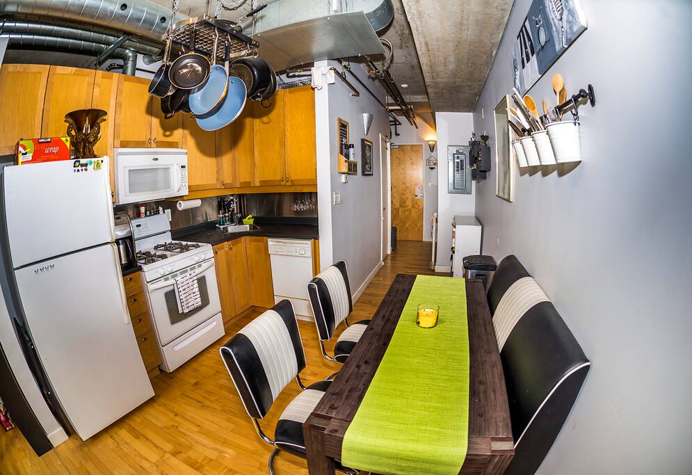 gas stove, coffee machine that grinds the beans, toaster, hanging pot rack