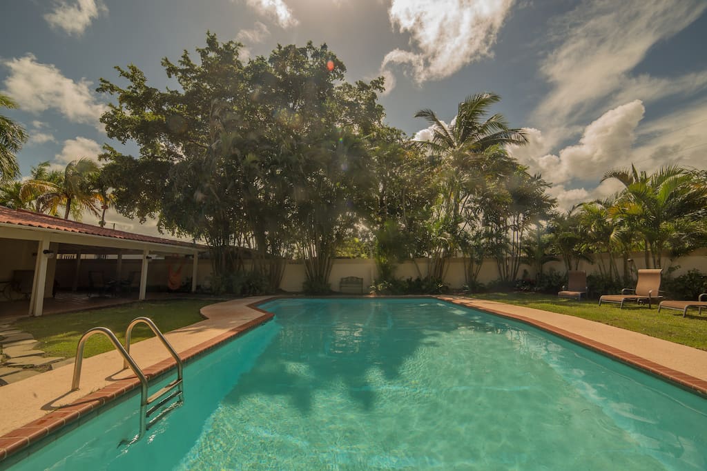 Pool is great for children and adults! Shallowest side is 3ft deep and deepest side is 9ft deep