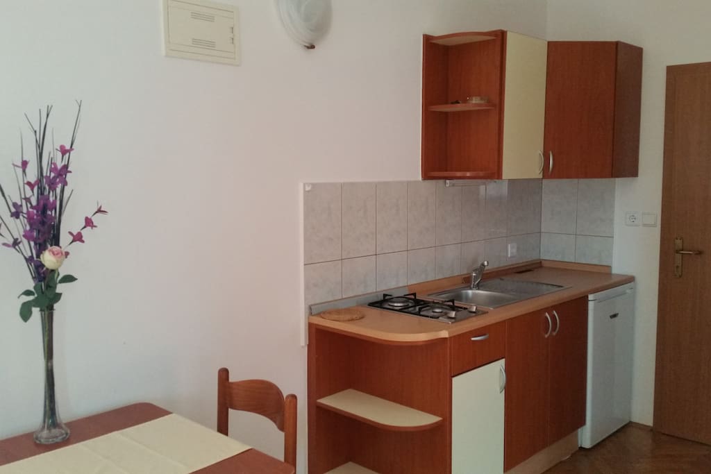Fully equipped kitchen with dining table.