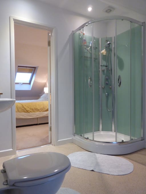 Large quadrant shower. Hot water is on demand. Bathroom includes basin, wc and heated towel rail