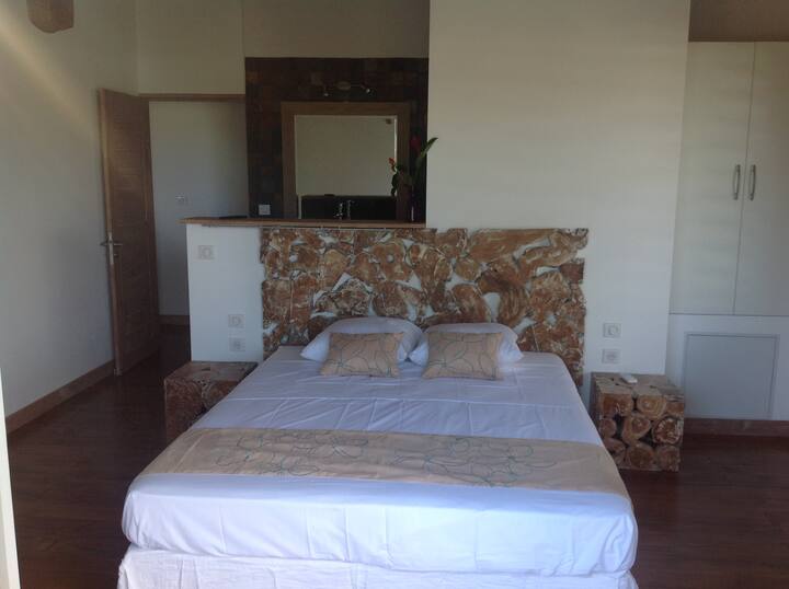 Arriba dormitorio 1 con aire acondicionado, TV, baño privado y terraza