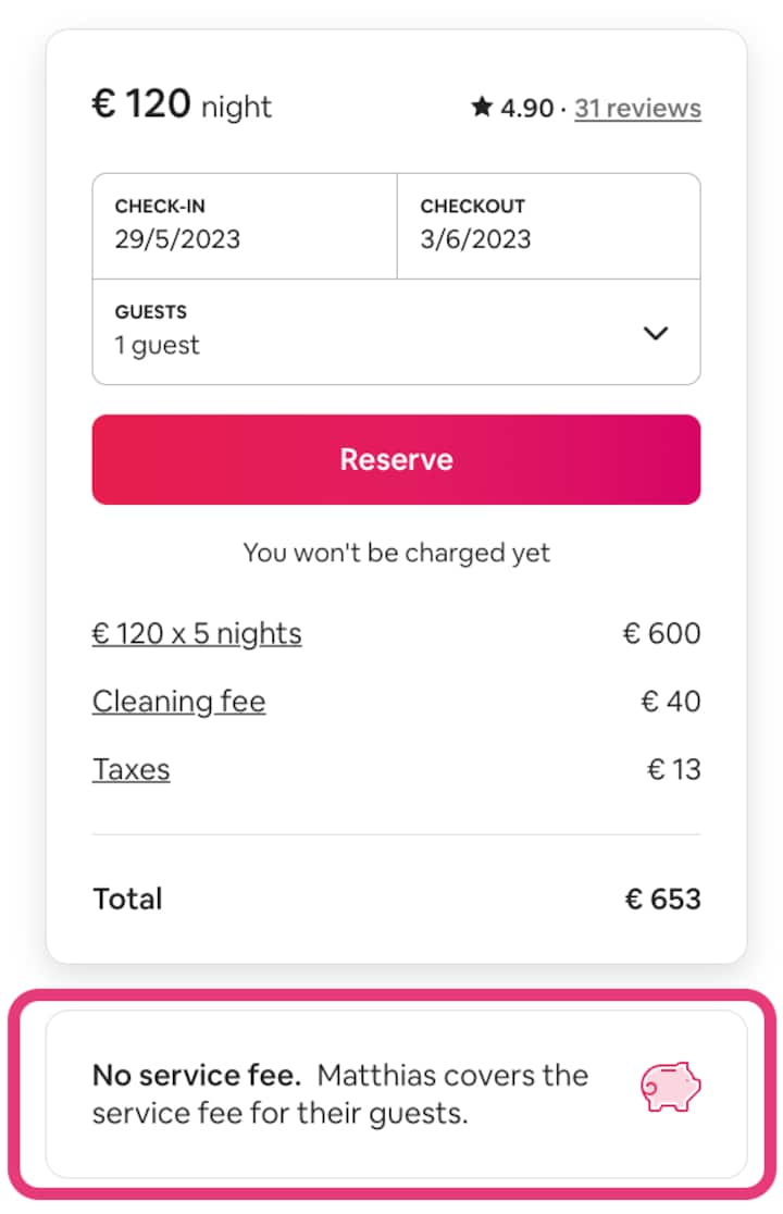 A screenshot of the Airbnb pricing screen showing itemized and total pricing and highlighting the text "No service fee. Matthias covers the service fee for their guests.