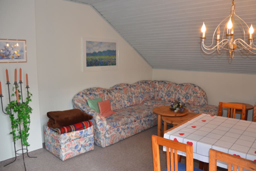 Wohnzimmer mit geräumiger Couch (extra Schlafplatz)