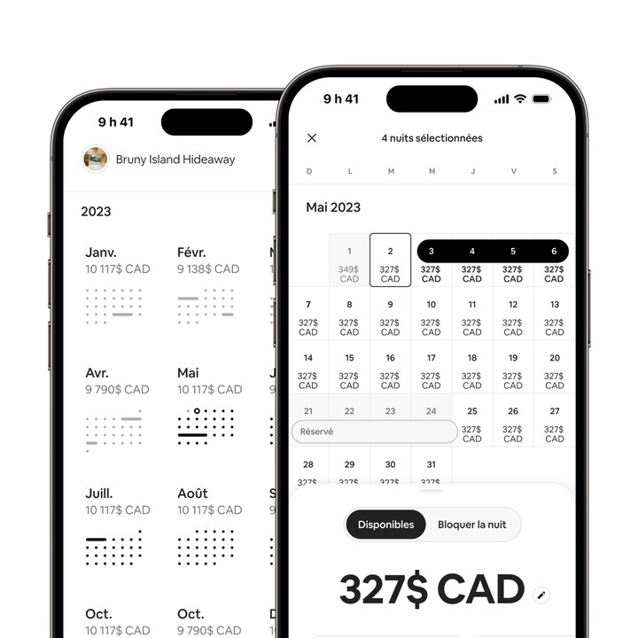 Dans l'appli Airbnb, plusieurs dates sont sélectionnées dans le calendrier de l'hôte pour montrer la nouvelle fonctionnalité « glisser pour sélectionner ».