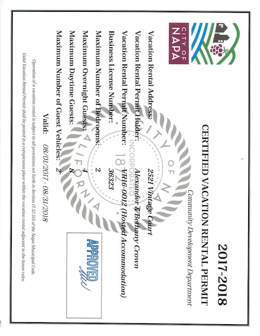 Valid City of Napa Vacation Rental Permit
