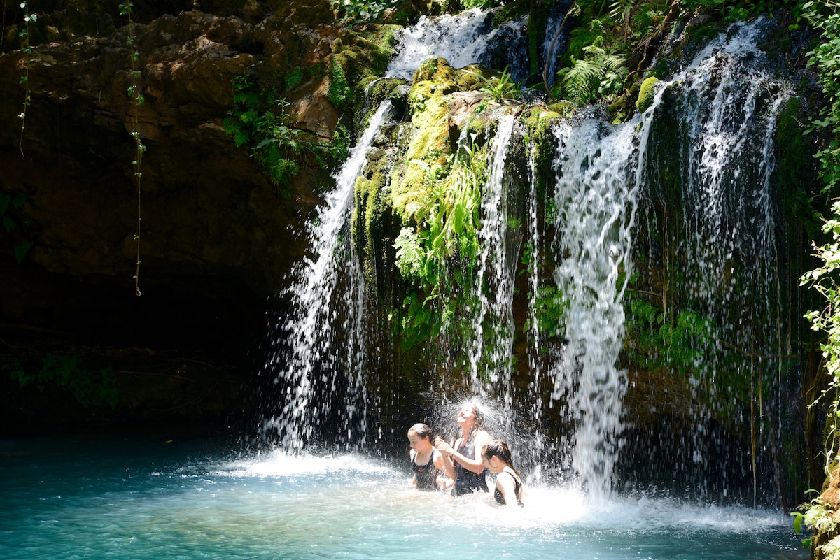 A serene natural pool is surrounded by lush greenery, with water cascading down a rocky waterfall. Three figures are playfully interacting in the refreshing water, highlighting the inviting atmosphere of this tranquil setting.