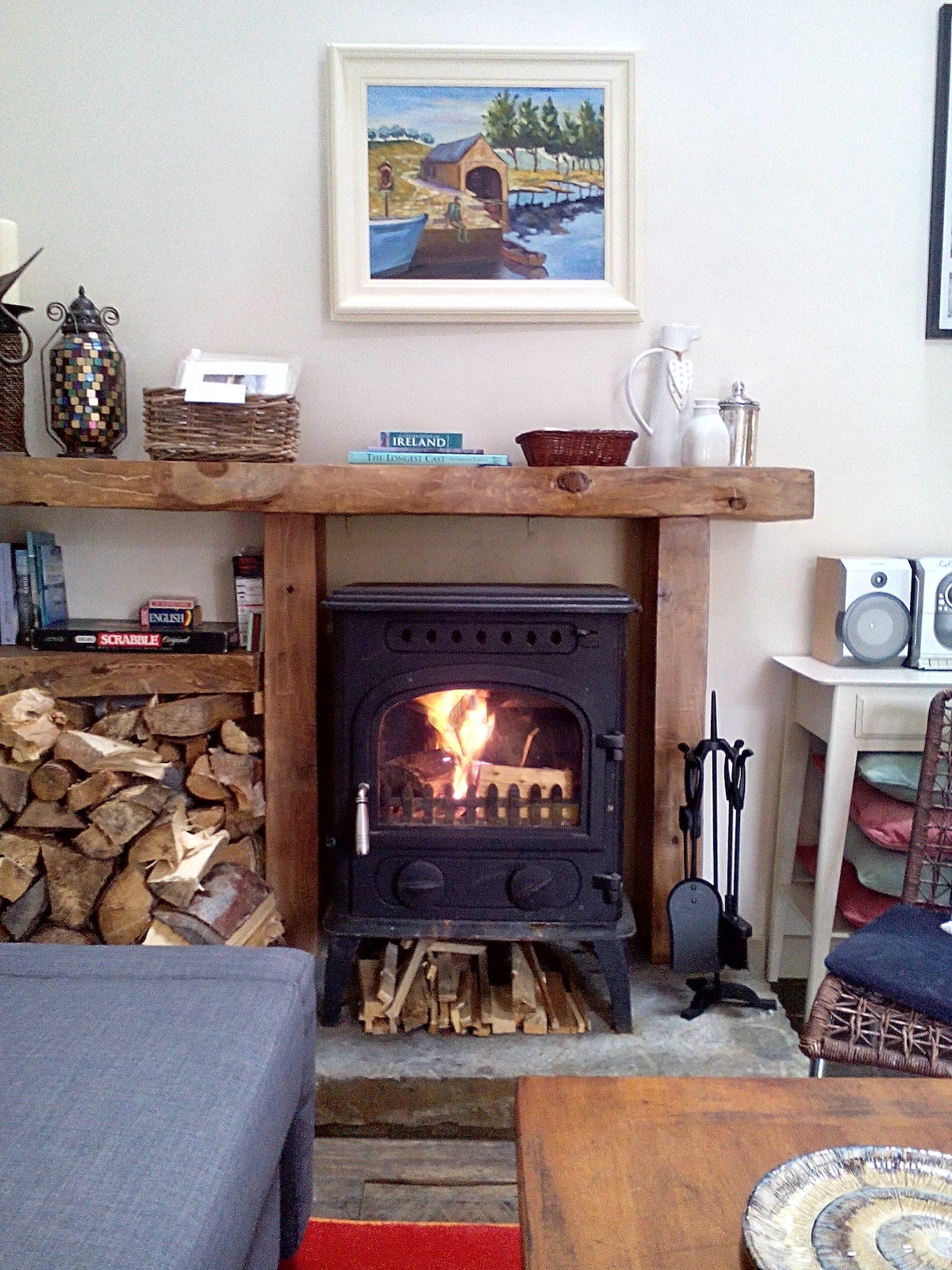 Living room with wood burning stove