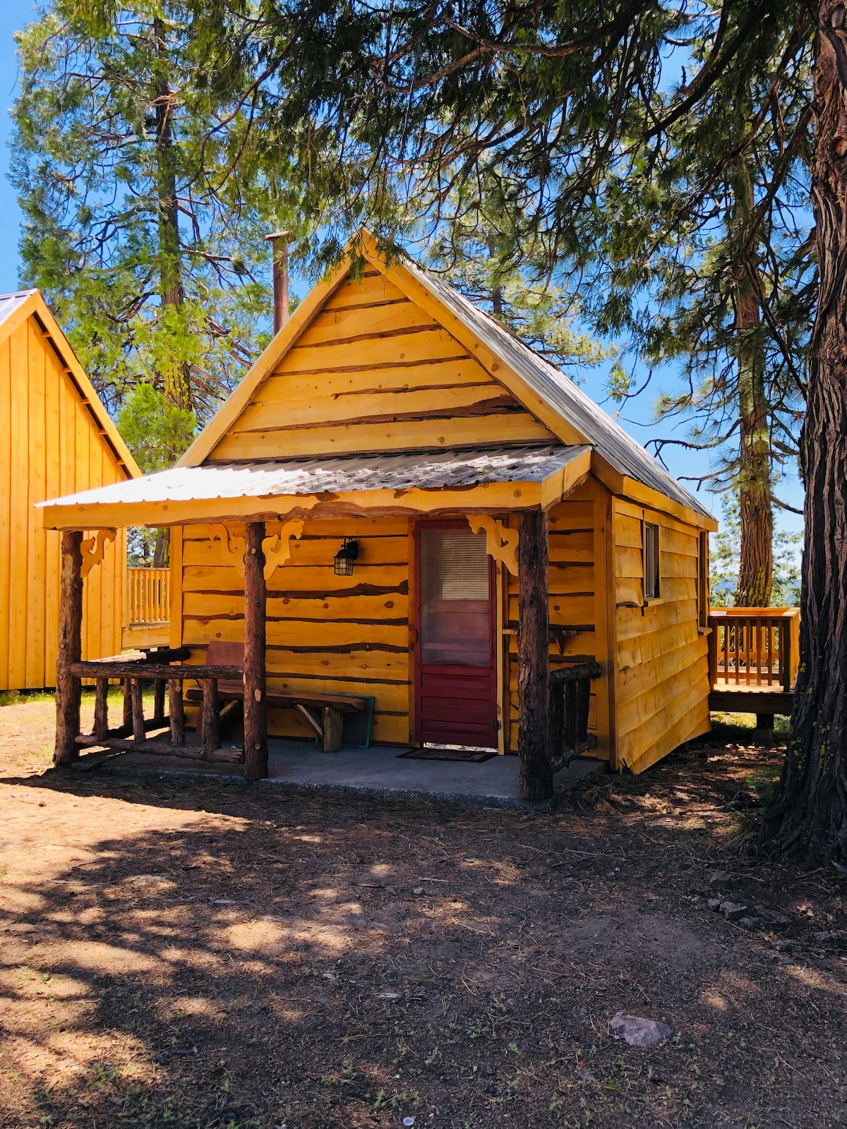 A rustic cabin features a yellow wooden exterior with a sloped roof. A covered porch is visible, furnished with a wooden table and chairs. Surrounding trees provide shade, while the ground is partly covered with brown earth and scattered pine needles.