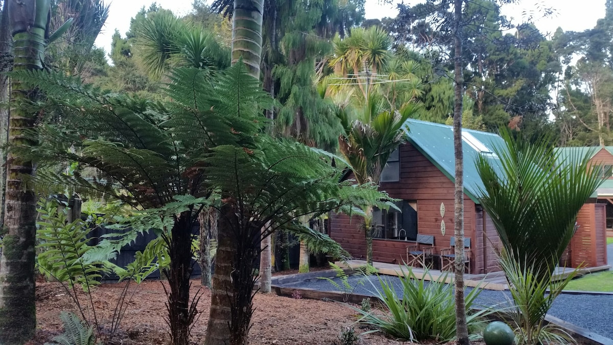 A secluded guest house is surrounded by lush native foliage, including tall ferns and palm trees. The modern building features a simple roof design and is set back from a gravel path that leads to a small outdoor seating area.