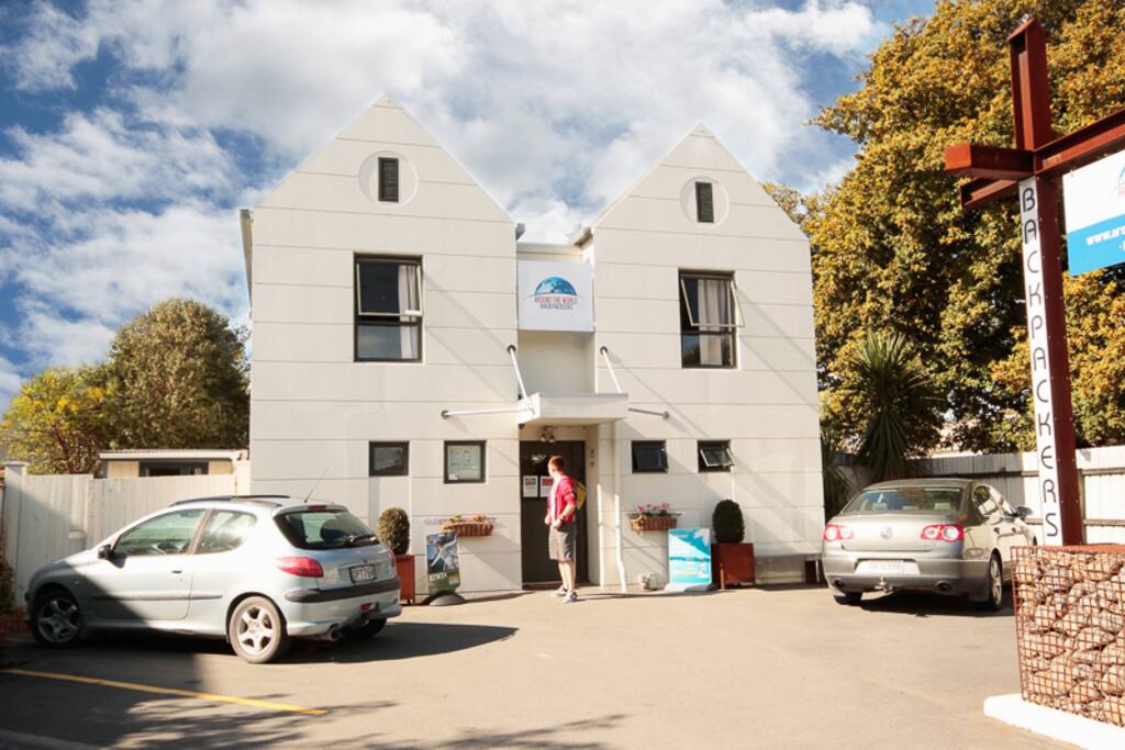 Front of the building + parking area