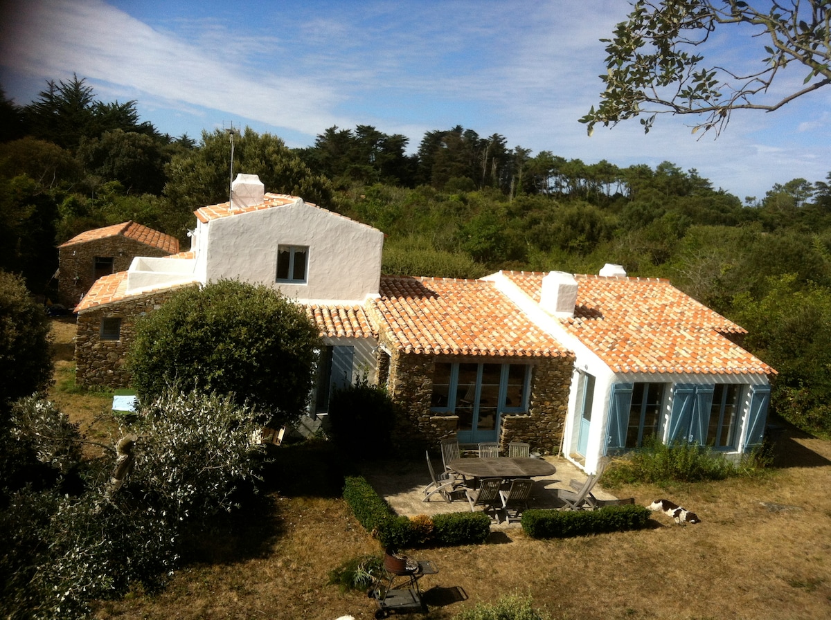 An aerial view of a charming villa displays a terracotta tile roof with white walls. The landscaped yard features green shrubbery and a patio area with outdoor seating. Surrounding trees provide a natural backdrop, enhancing the peaceful setting.