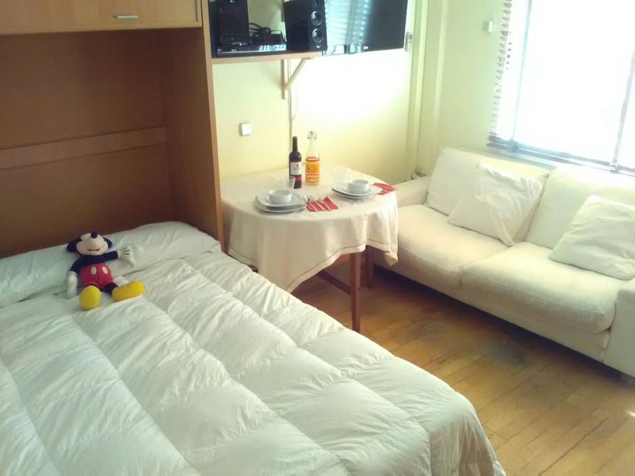 Salón con la cama abierta. Loft with open bed.