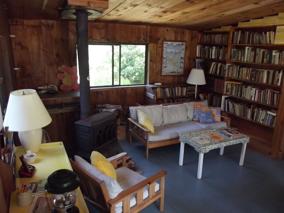 Shiplap-paneled living room with painted floors, woodstove & tons of books.
