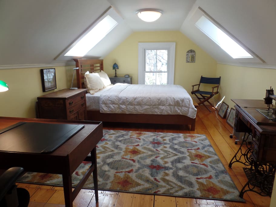 Large skylit bedroom, queen bed, closet with dresser