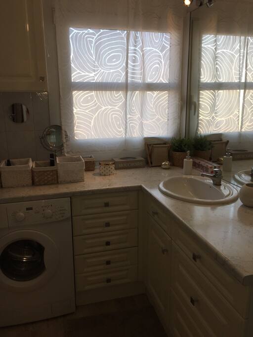 Salle de bain avec douche et lave linge
