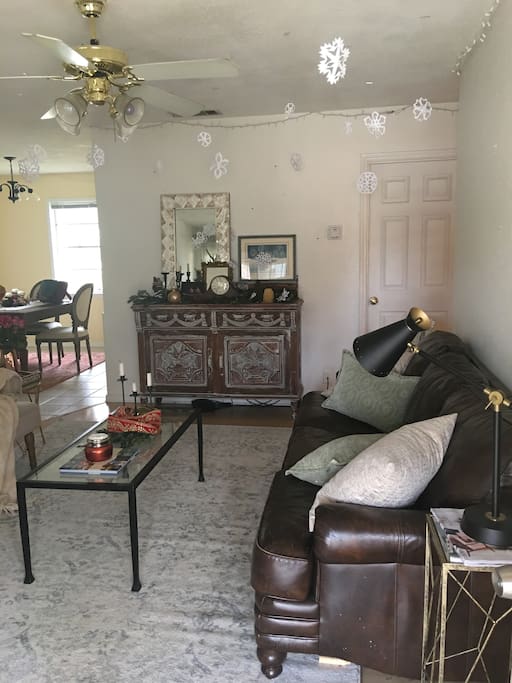Living room with some holiday decorations.