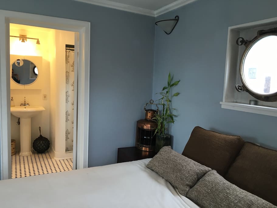 Original portholes and contemporary decor.