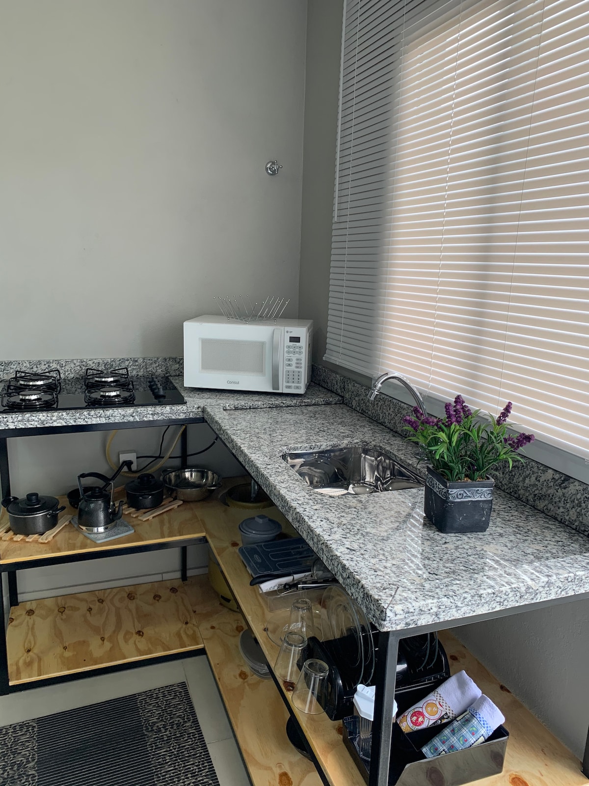 A functional kitchen area features a gas stove, microwave, and sleek granite countertops. Shelves hold various kitchen items, including pots and a potted plant. A window with blinds allows natural light to brighten the space.