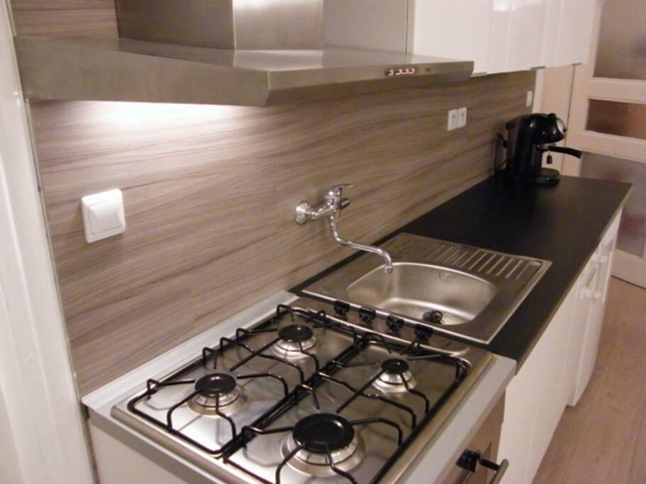 Little kitchen with gas stove, owen and fridge with freezer, waschingmachine