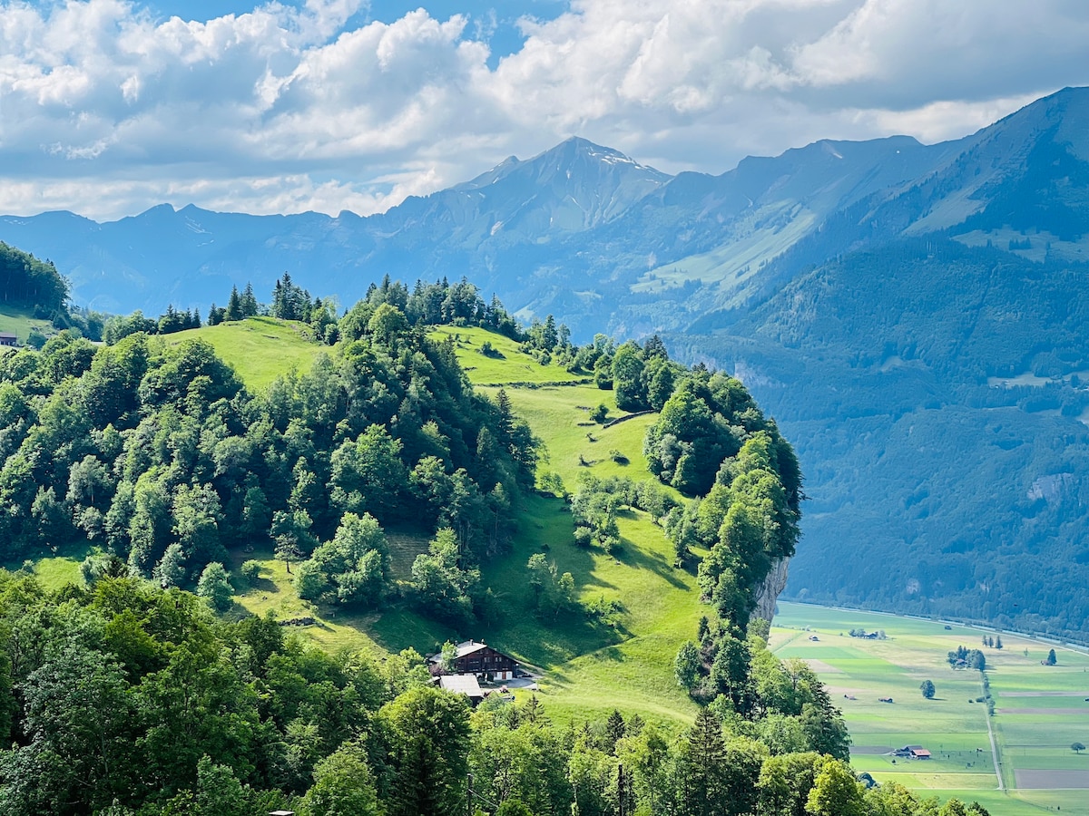 A scenic landscape features rolling green hills dotted with trees, set against a backdrop of mountains. The open sky is partly cloudy, creating a serene atmosphere that highlights the natural beauty of the surroundings.