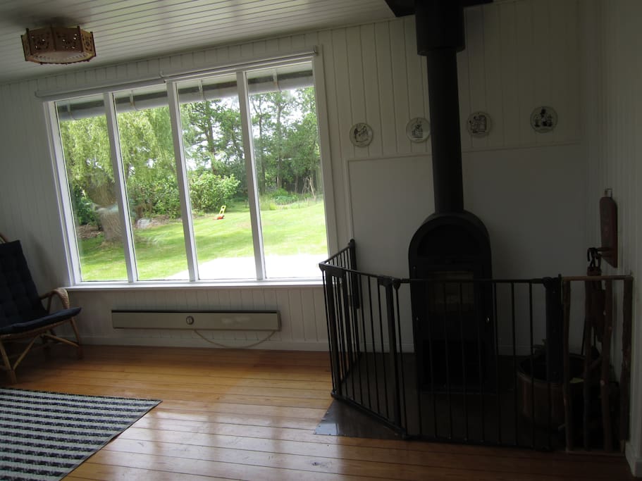 Livingroom, fireplace and view to the garden