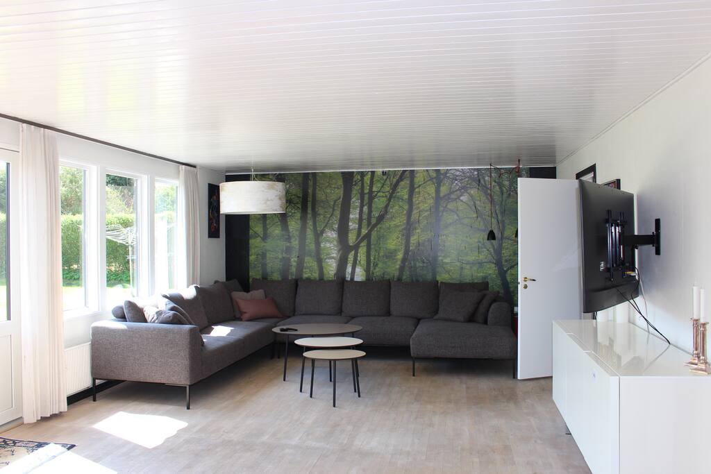 Stue med stor sofa, tv, playstation 4, og Wii, udgang til haven