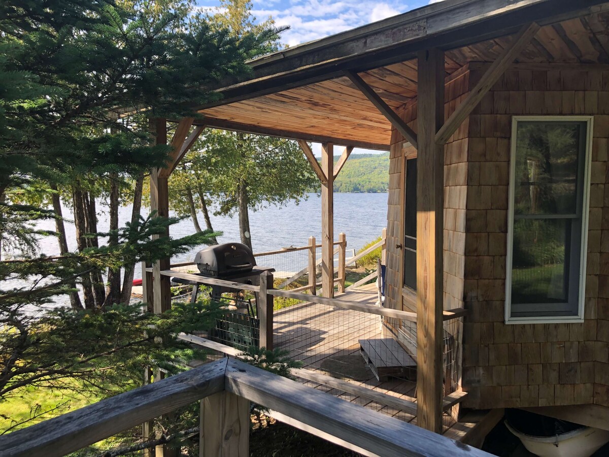 A spacious porch extends from the structure, overlooking the lake. A barbecue grill is positioned on the deck, surrounded by greenery. The building features wooden siding and large windows, allowing ample natural light to enter.
