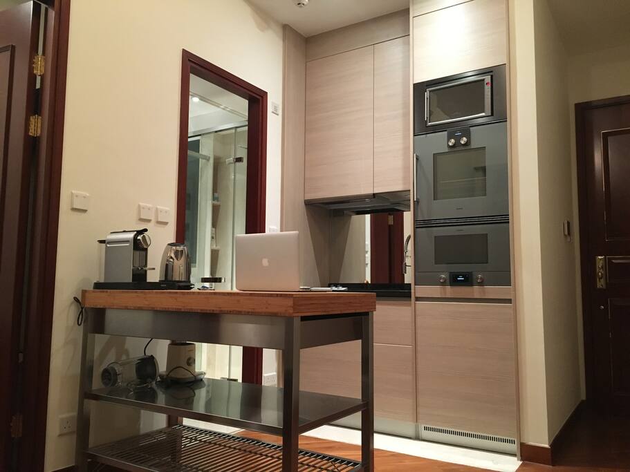 Kitchen area (with cooker, oven, microwave, fridge/freezer, wine cooler, coffee machine, blender, steamer and all utensils).