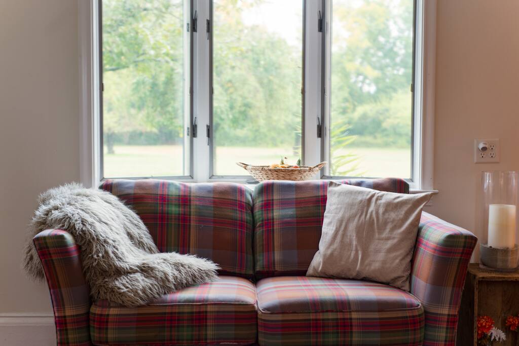 Comfy couch for relaxing in front of the fire.
